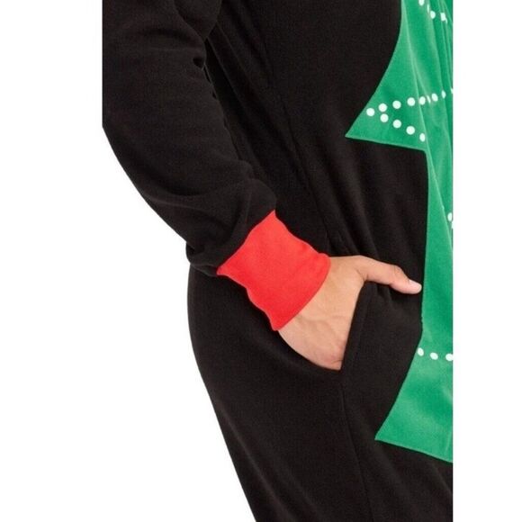 Tipsey Elves Mens L Christmas Tree Fleece Full Zip Hooded Jumpsuit Costume New - Picture 3 of 5